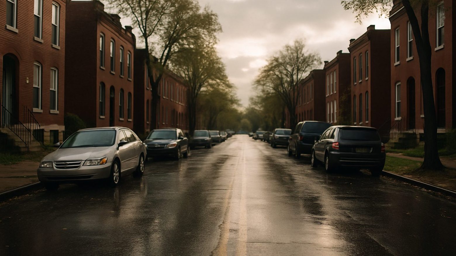 A south St. Louis street of red brick rowhouses after rain, wet asphalt, cars parked along the curb, old trees along the sidewalk