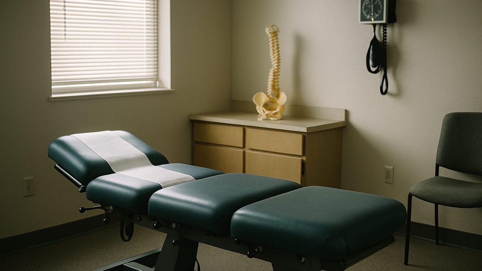 An empty chiropractic examination room, a segmented treatment table with fresh paper, a plastic spine model on the counter, a blood pressure cuff on the wall, soft window light