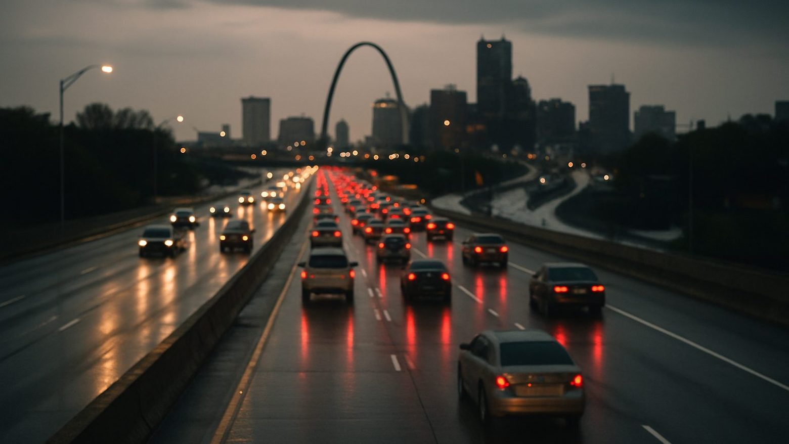 A wide St. Louis interstate at dusk seen from an overpass, brake lights stretching toward the downtown skyline and the Arch, wet pavement after rain