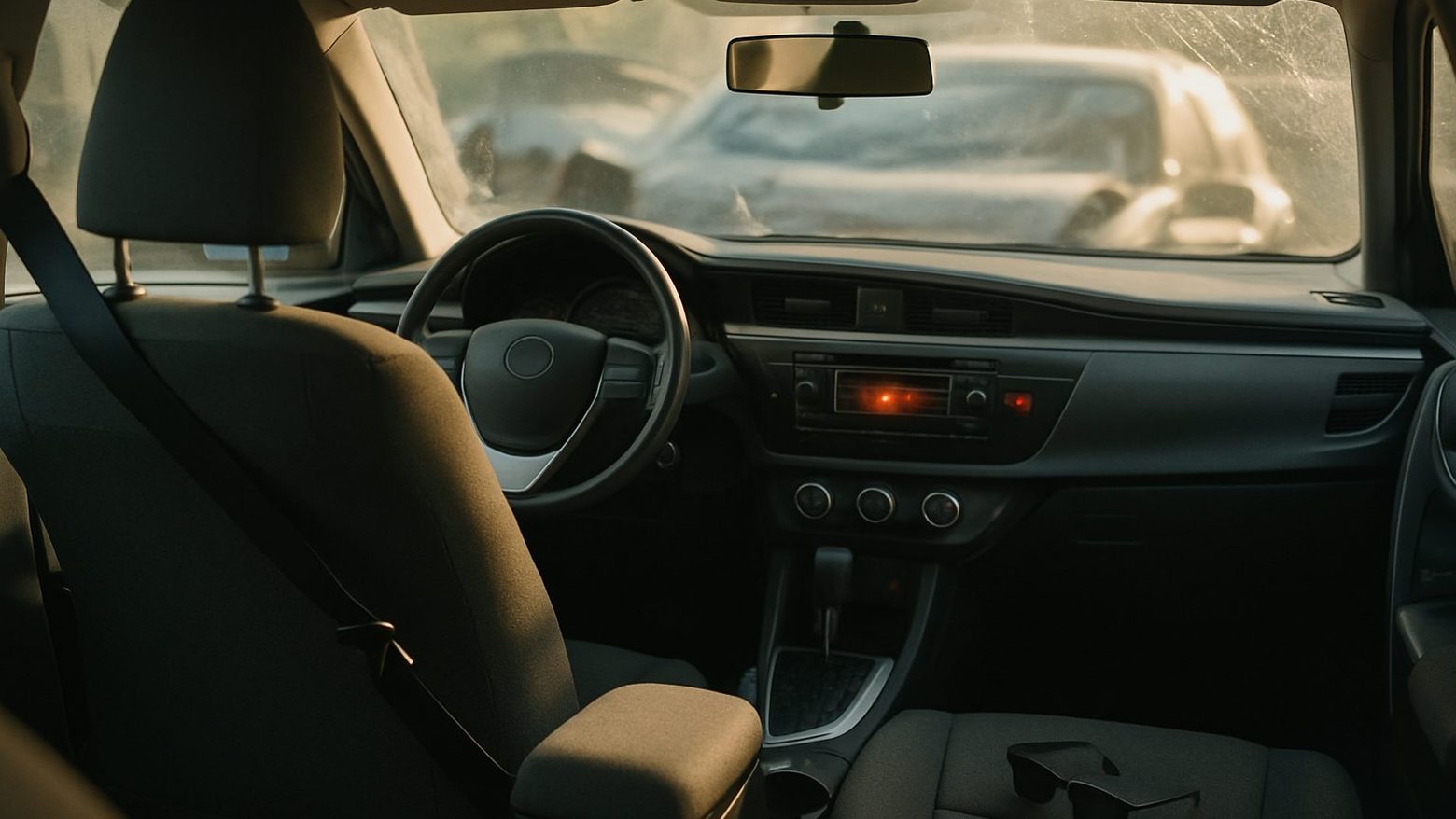 The interior of a parked sedan after a minor collision, seen from the back seat, steering wheel and dashboard in late light, a seat belt hanging loose