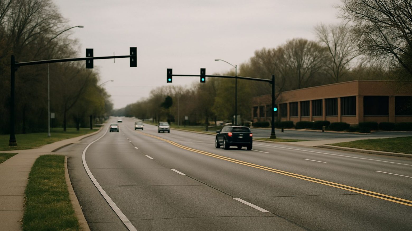 A four-lane suburban road in south St. Louis County on an overcast morning, traffic signals on mast arms, a low brick office building set back behind trees, light traffic